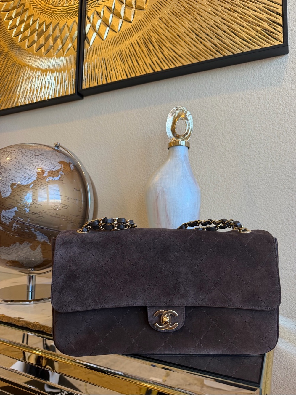 CHANEL Dark Brown Suede Quilted Flap Bag with Gold Hardware